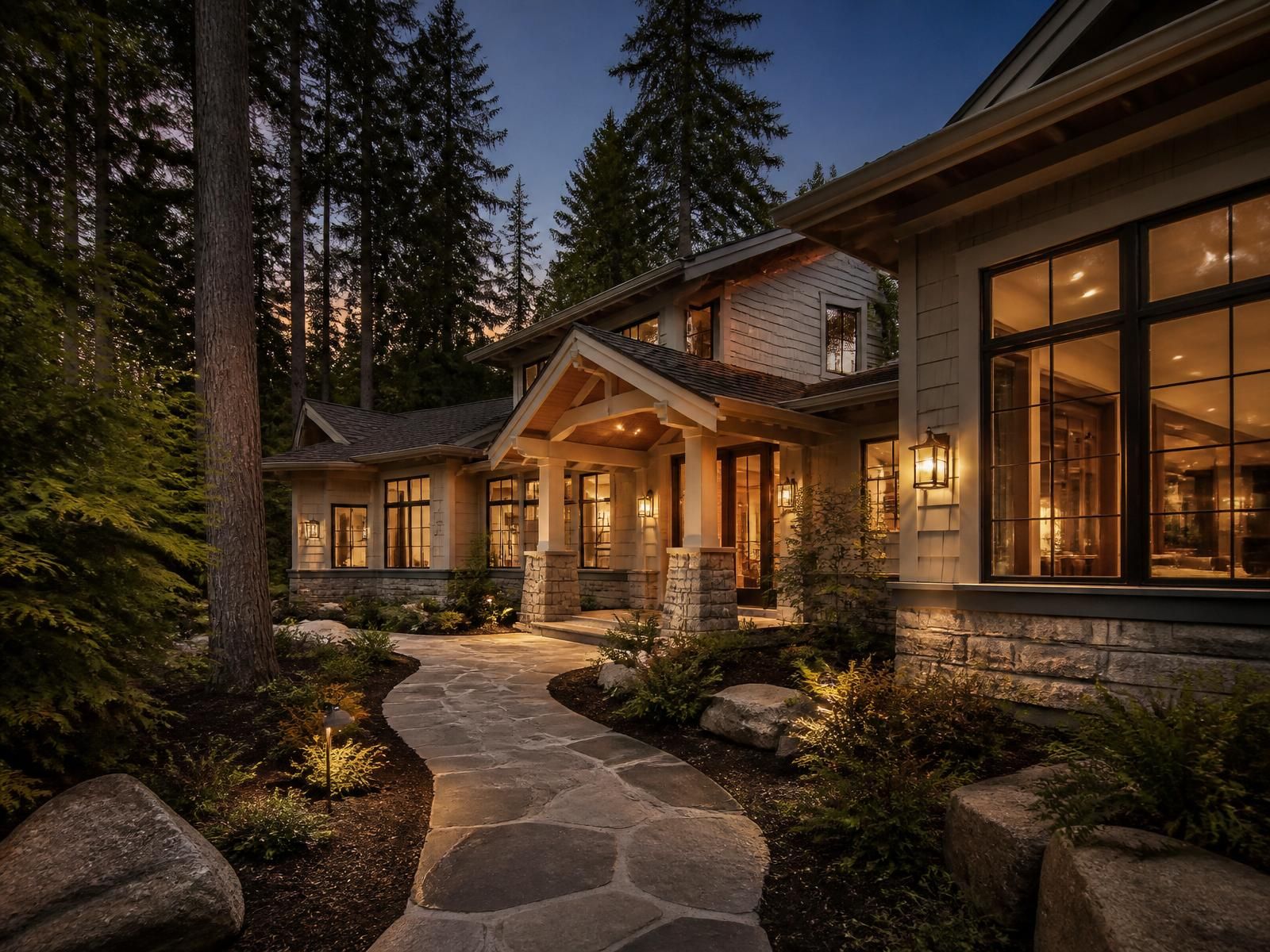 Elegant Pacific Northwest residence at golden hour with warm lit windows, mature evergreens, and a winding stone pathway